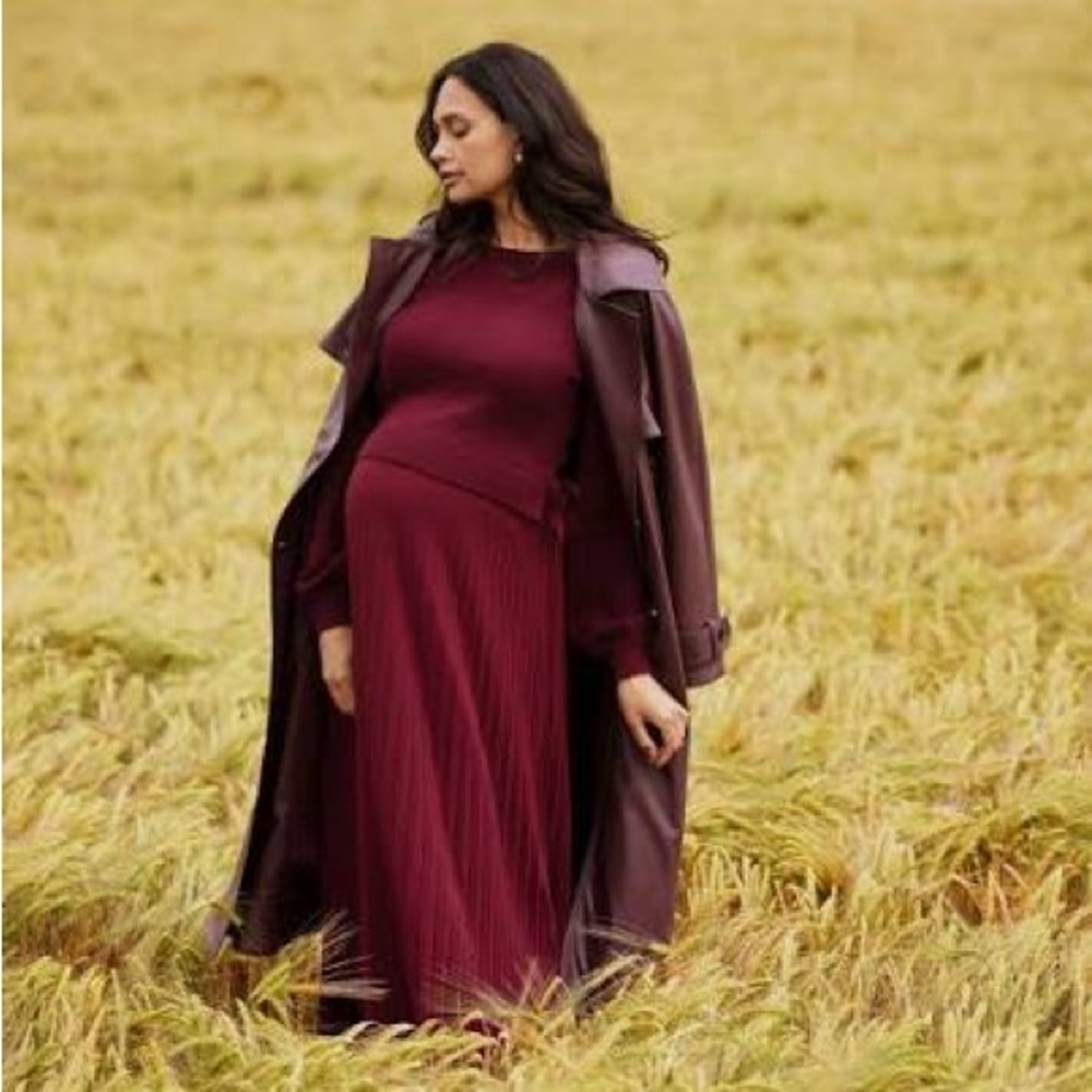 Nursing/Breastfeeding Seraphine Deep Burgundy long Dress with Sunray-Pleat Skirt - Picture 6 of 7